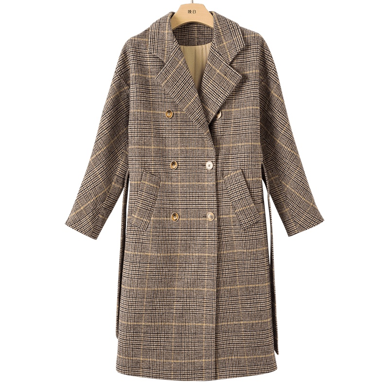 晚白2020冬季新品翻领长袖休闲格子系腰带中长款毛呢大衣外套女