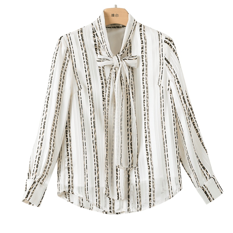 晚白 2020春新品时尚通勤百搭复古条纹系带领雪纺衫长袖衬衫衬衣女