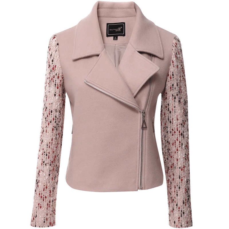 欧昵雪冬季拼接长袖修身短款毛呢外套女夹克