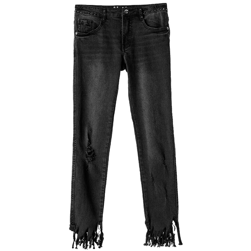 sdeer圣迪奥2018秋装铆钉做旧破洞流苏小脚裤牛仔裤S18180811
