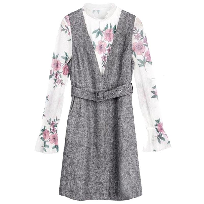 【热卖】时尚套装裙女2019春新款喇叭袖修身两件套配V领收腰很仙的连衣裙20011657