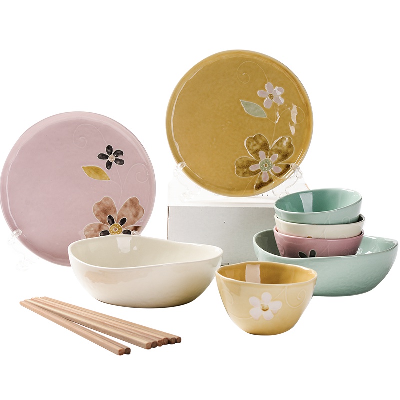 亿嘉IJARL 家用创意手绘陶瓷碗碟碗盘筷子日式餐具套装送礼乔迁 雅韵12头A款