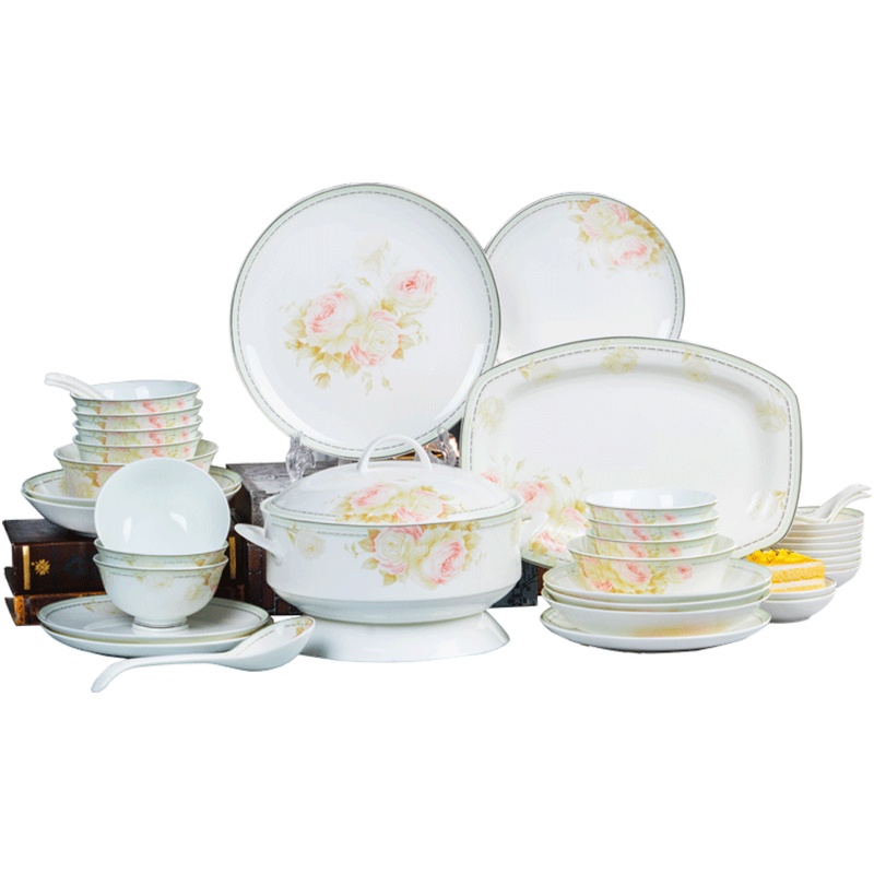 富昱景 景德镇餐具碗碟套装碗菜盘子陶瓷器骨瓷碗碟家用送礼组合吃饭碗 58件春意盎然配公主煲