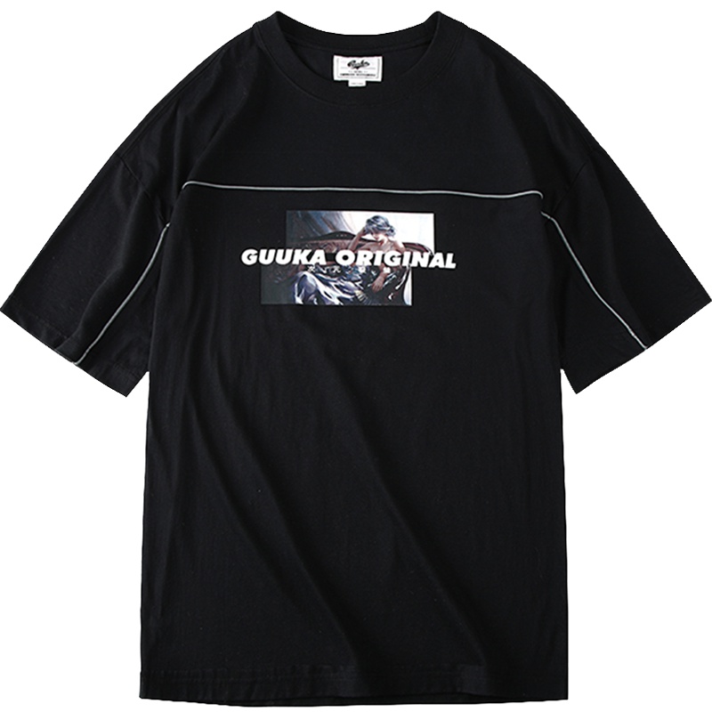 Guuka潮牌印花短袖T恤男宽松 学生嘻哈运动日系黑色五分袖T恤纯棉