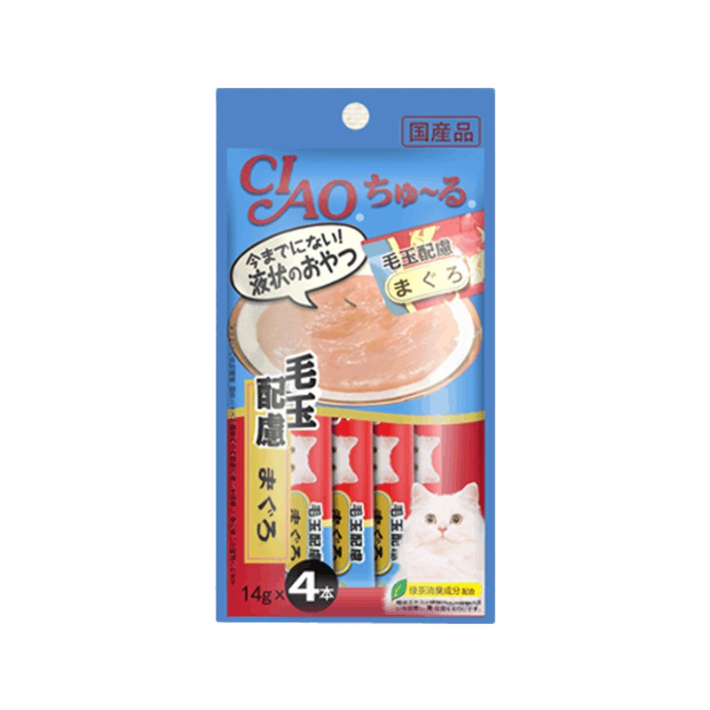 ( 3件8折)伊纳宝猫零食妙好鲜包猫咪湿粮啾噜成幼猫流质肉条罐头1包4支装金枪鱼(控制毛球配方)