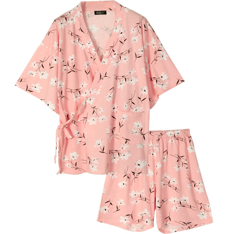 [商场同款]红豆居家春夏女士纯棉短袖睡衣女士甜美可爱印花开衫和服家居服套装