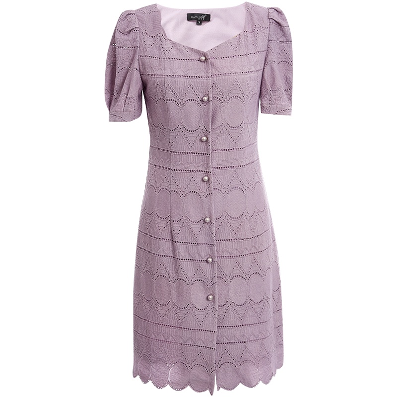 欧昵雪连衣裙女年夏季方领短袖泡泡袖高腰纽扣时尚短裙子