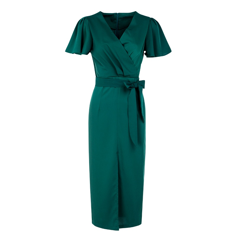 晚白 新品纯色V领荷叶袖系带收腰包臀中长款雪纺连衣裙女