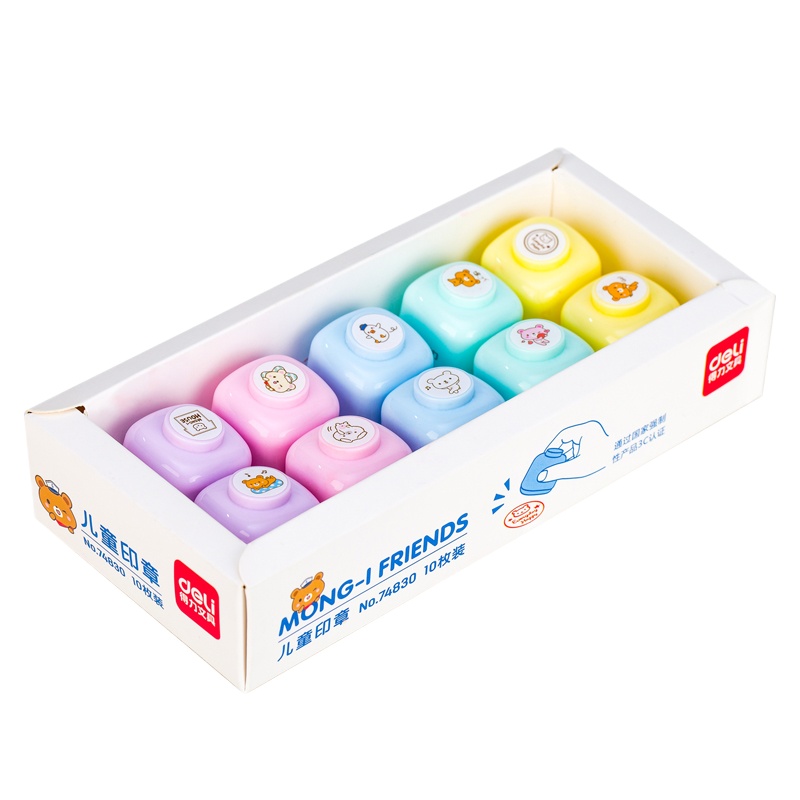 得力(deli)儿童印章套装幼儿园玩具教师鼓励奖励评语幼儿礼物学生小清新手帐印章 卡通图案印章10枚装 74830