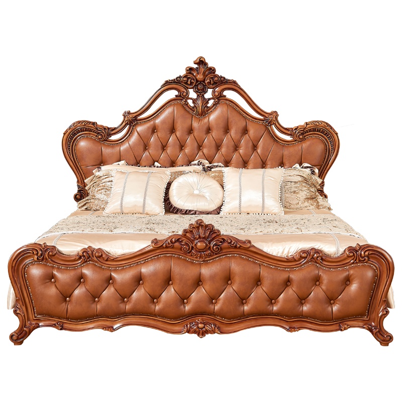 广木源欧式床仿古做旧1.8m实木床真皮双人床镂空美式床卧室乡村