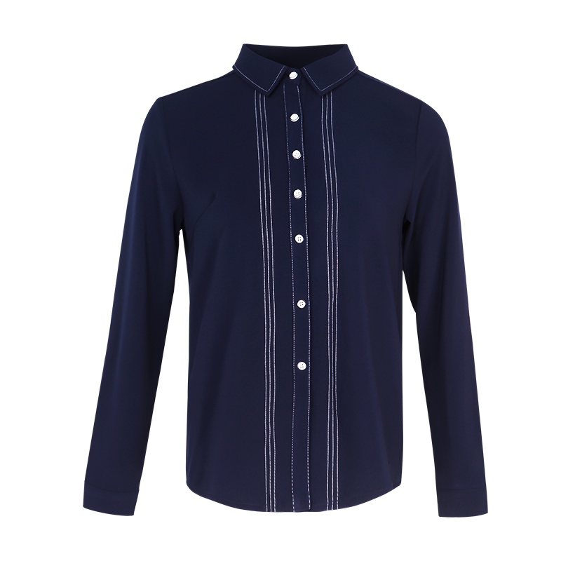 晚白女上装2019春季新品百搭职业通勤条纹翻领单排扣长袖上衣衬衫