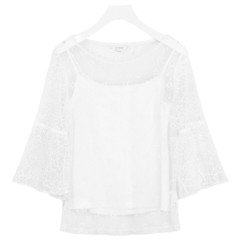 拉夏贝尔夏季新款小吊带内搭圆领七分喇叭袖薄款网纱蕾丝罩衫
