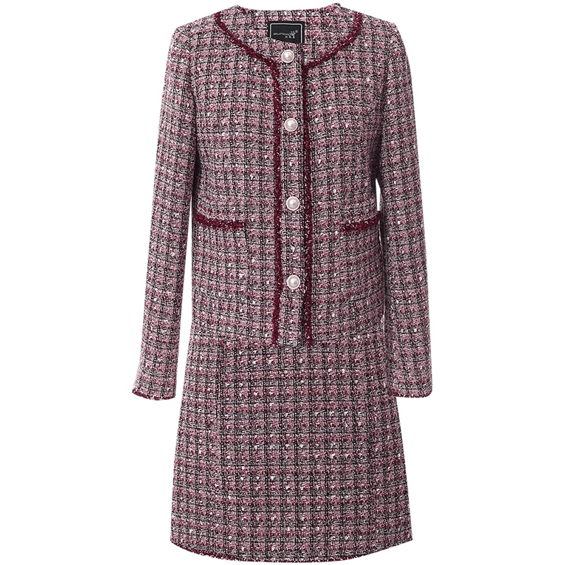 OUNIXUE欧昵雪 | [织带拼接粗花呢两件套]秋冬季短款外套直筒半身裙套装女