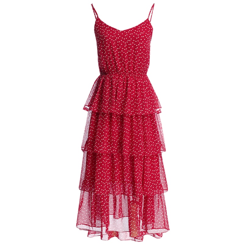 欧昵雪高腰中长款过膝蛋糕裙女无袖雪纺吊带裙连衣裙