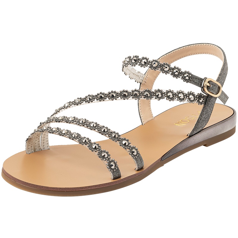 百田森夏季新款凉鞋女温柔仙女钻链条平跟外穿一字带凉鞋_945