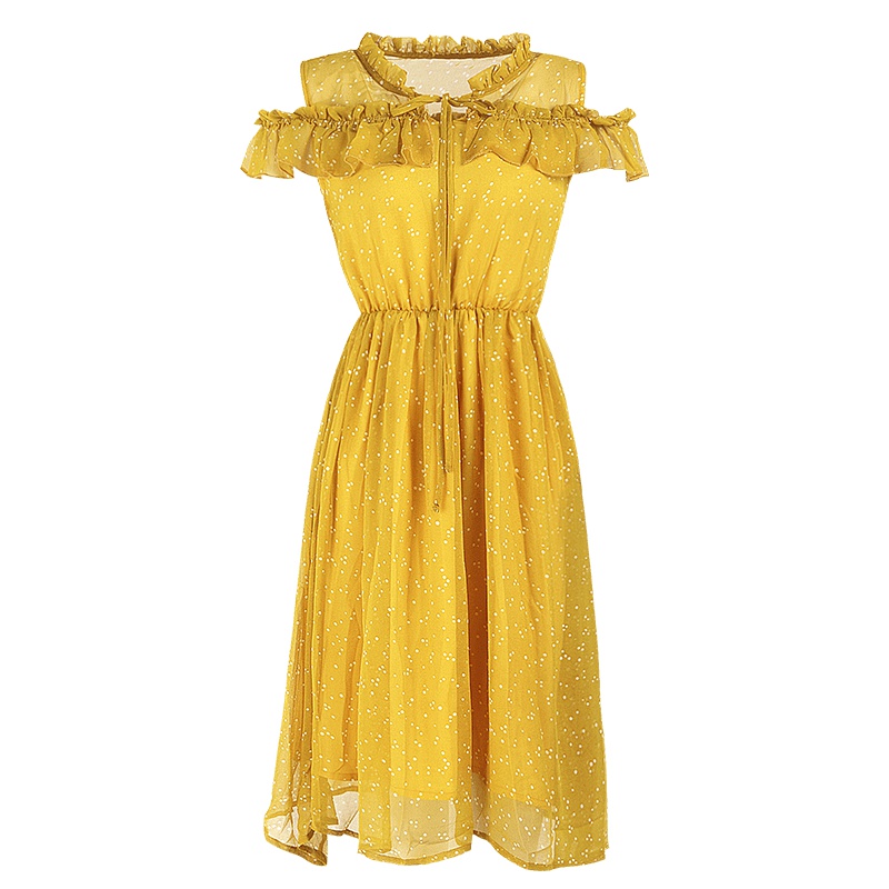 晚白2019夏季新品时尚淑女名媛露肩荷叶边收腰A摆雪纺连衣裙女