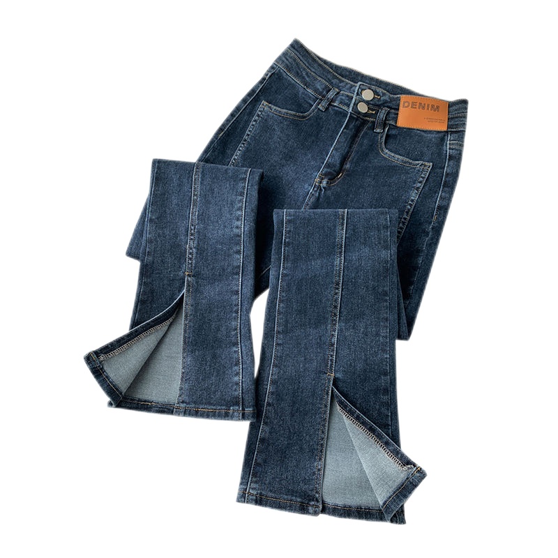 真维斯高腰微喇叭牛仔裤女2021新款修身大码显瘦阔腿开叉拖地裤子