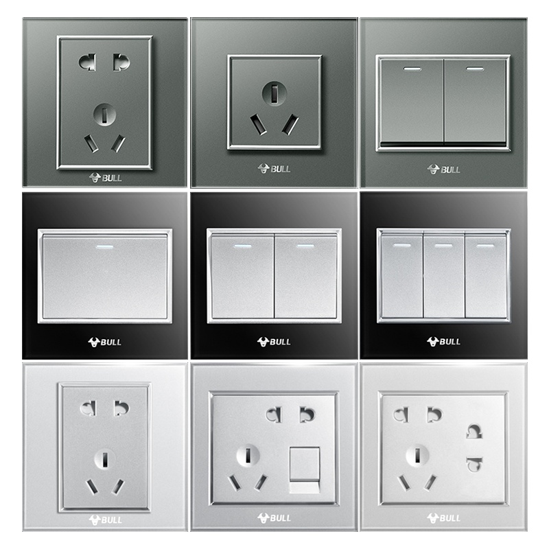 公牛开关插座86型家用墙壁5五孔g22满月银水晶高晶钢化玻璃面板