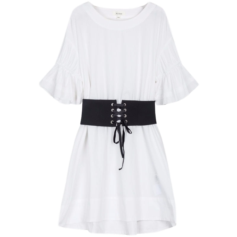 拉夏贝尔7M莫丽菲尔夏季新款韩版条纹束腰圆领荷叶袖修身显瘦连衣裙女70008257