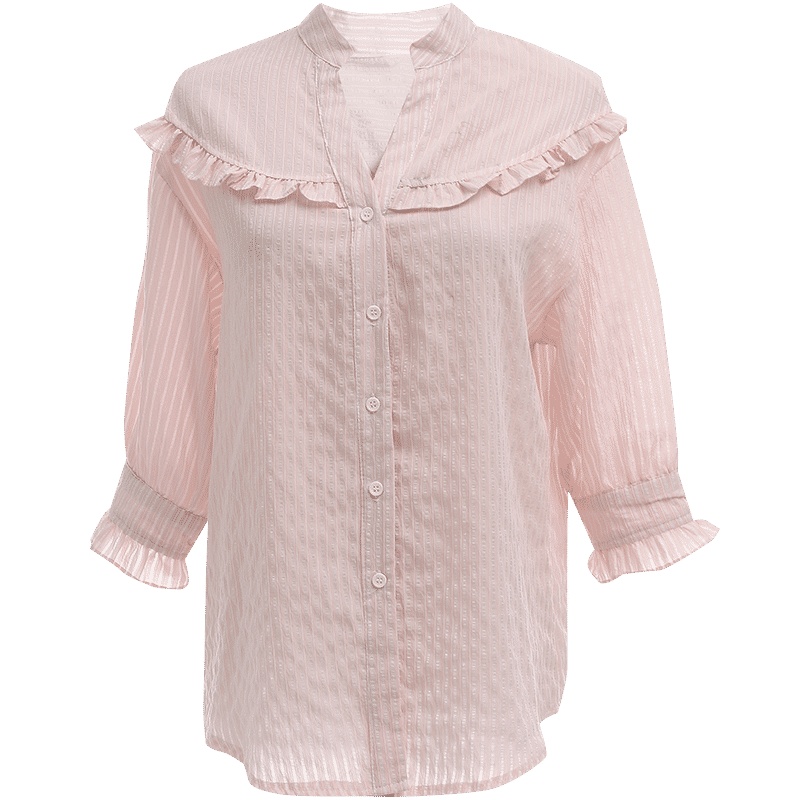 欧昵雪夏季气质半开领拼接木耳边七分袖小衫女显瘦上衣