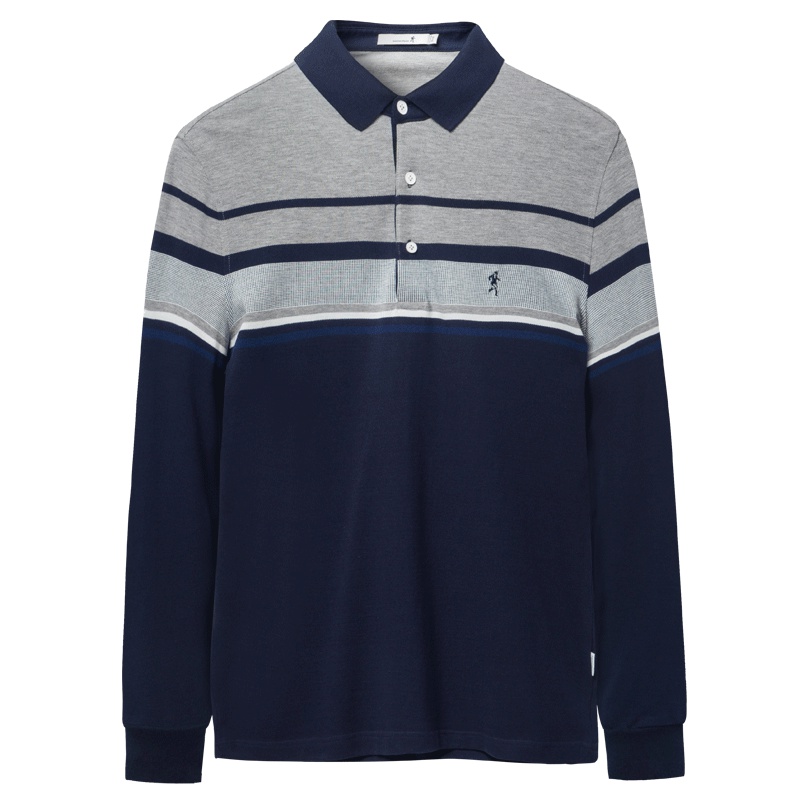 与狼共舞长袖T恤男2019秋季新款男装纯棉翻领条纹休闲polo衫男DZ