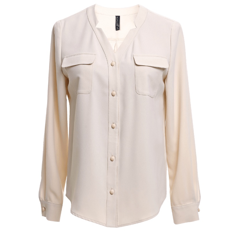 欧昵雪优雅气质V领衬衫女长袖宽松双口袋OL职业衬衣