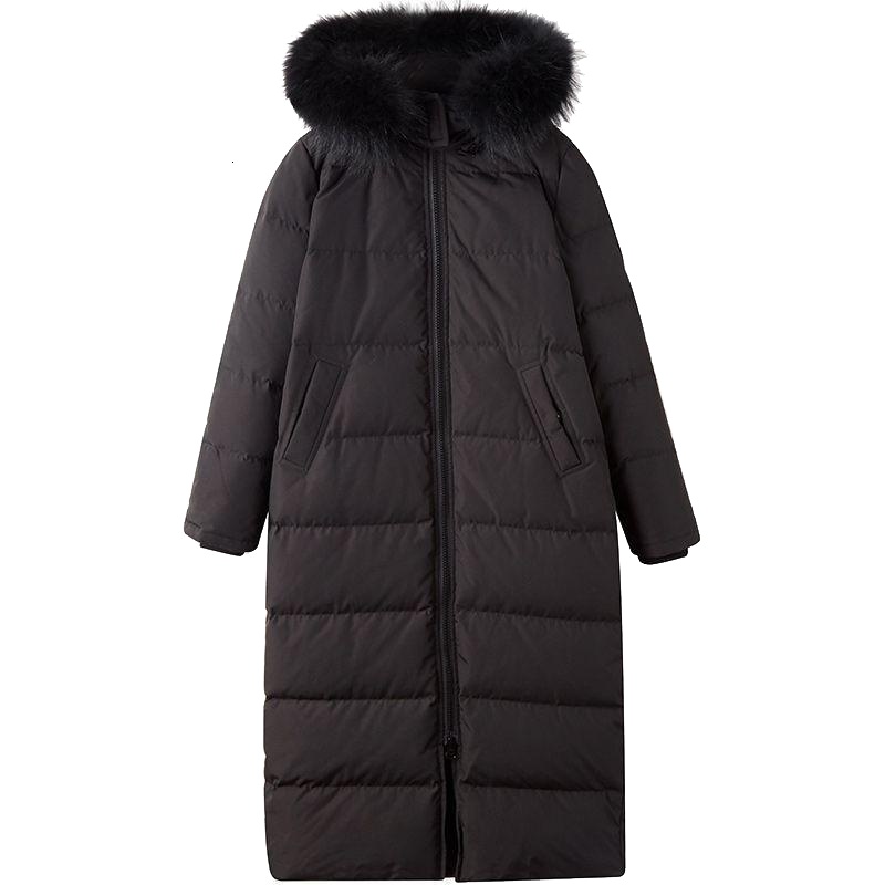 新款拉夏贝尔轻薄大毛领黑色羽绒服女冬新款韩版学生修身过膝中长款20013710