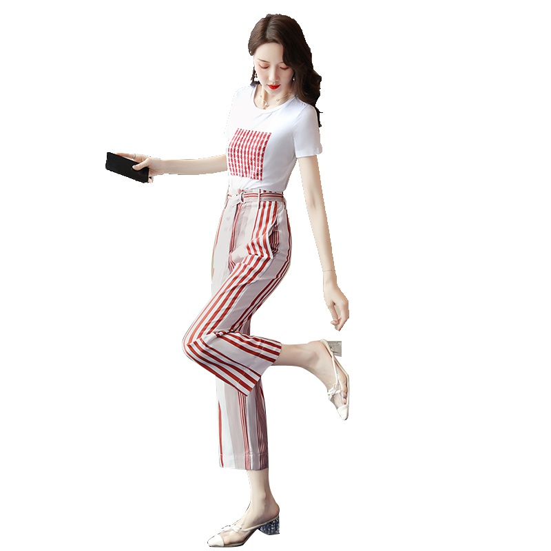 丝柏舍夏装2019女气质圆领印花上衣搭条纹阔腿裤套装S92Q0307N