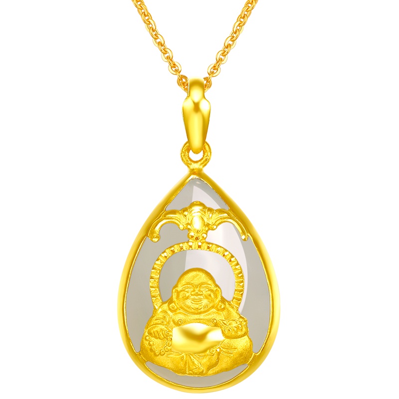 周六福(ZHOULIUFU)金镶玉吊坠女足金白玉金佛玉坠黄金和田玉挂坠正品玉石项链AAYA040693
