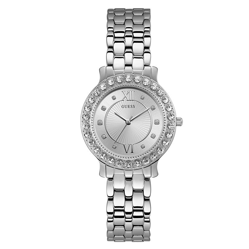 GUESS水晶华美银盘精钢银色石英腕表W1062L1