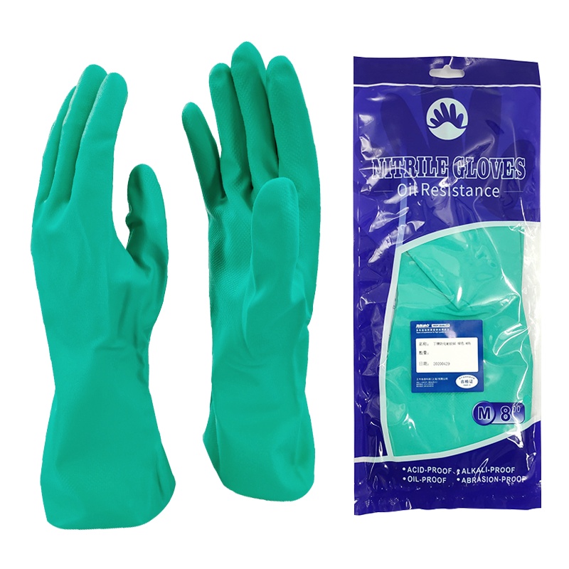 海斯迪克 HKSB09 丁腈防化耐酸碱 耐油防滑 劳保橡胶洗衣 工业防腐蚀 化学实验手套 丁晴手套 绿色 M码