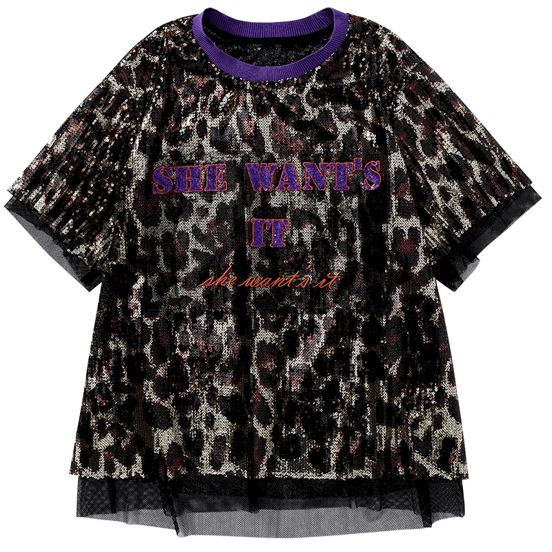 马克华菲女装2020年夏季新款韩版个性豹纹短袖t恤女亮片网纱小衫