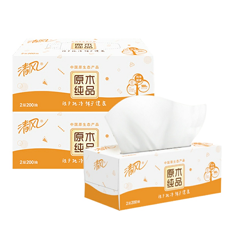 清风B338CN 原木纯品盒装面巾纸 双层 3盒/件 5件装 (单位:件)