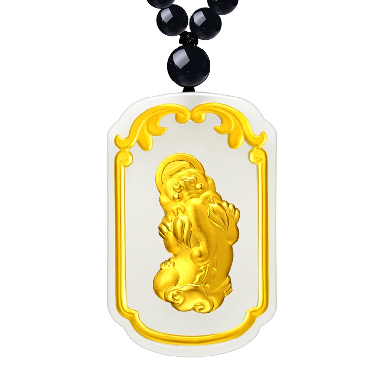 蒂蔻 貔貅金镶玉黄金吊坠项链男士款足金和田玉镶嵌吊牌黑玛瑙套链自戴生日礼物送老公
