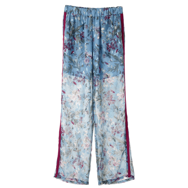 裂帛直筒阔腿休闲裤新款松紧腰度假花枝印花垂感长裤