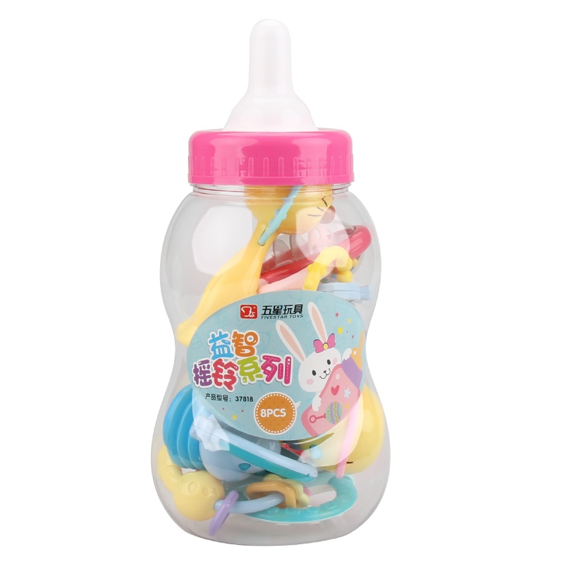 五星新生儿环保安抚手抓摇铃宝宝牙胶玩具组合奶瓶桶装3-6-12个月