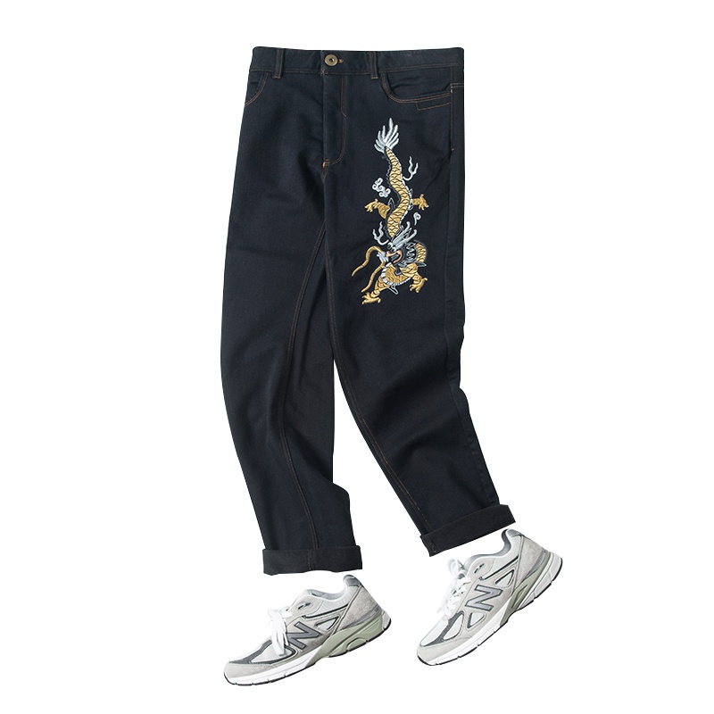 蓝旗X将起系列男士新款牛仔裤时尚潮流中国风刺绣龙牛仔长裤
