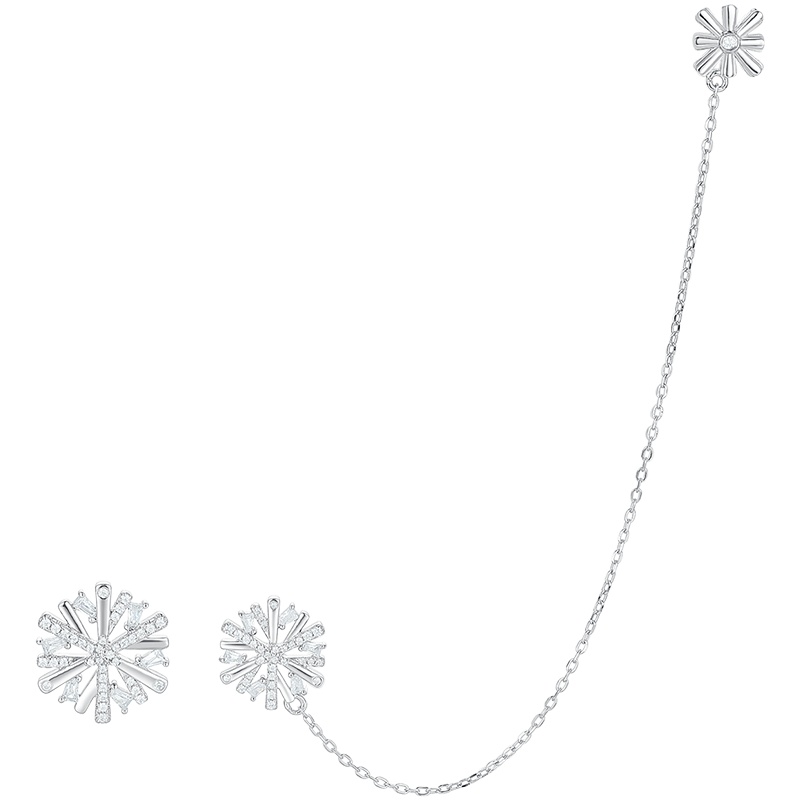 周大生雪花耳钉女不对称耳环小众链条耳骨夹S925纯银耳饰生日