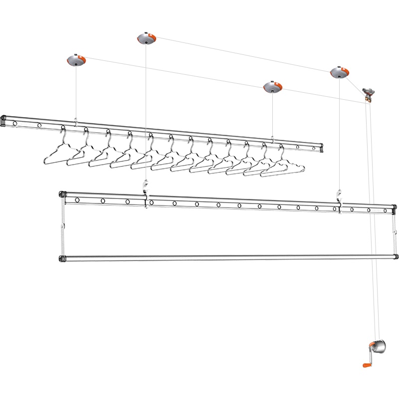 好太太升降晾衣架双杆三杆式晒衣架家用阳台伸缩手摇晾衣杆挂衣架D-1022T银色2.8米三杆+12个铝衣架+保修三年