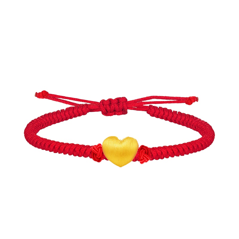 3D硬金爱心足金999红绳手串黄金小心心七夕情人送礼物女生
