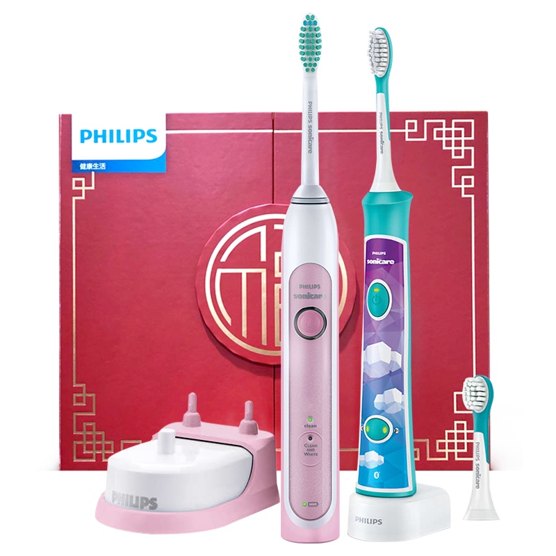 飞利浦(Philips)声波震动牙刷HX6761/BP家庭亲子礼盒 声波震动式牙刷 流动洁力技术 智能计时