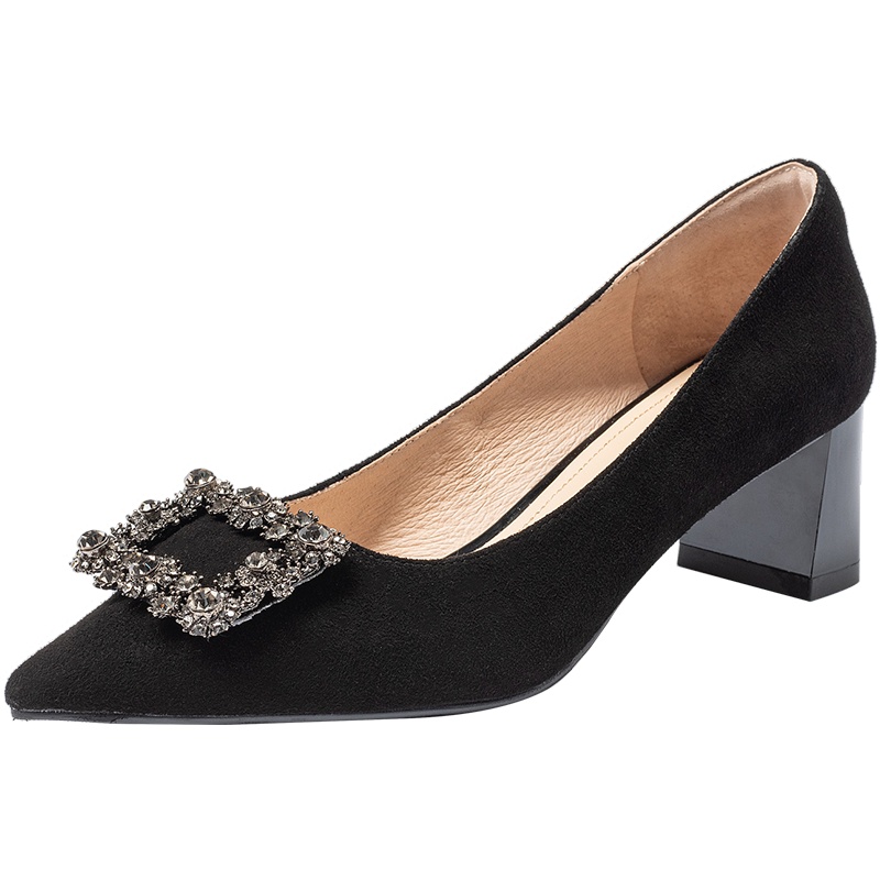 百田森秋季新款水钻方扣单鞋女粗跟羊皮尖头婚宴气质单鞋