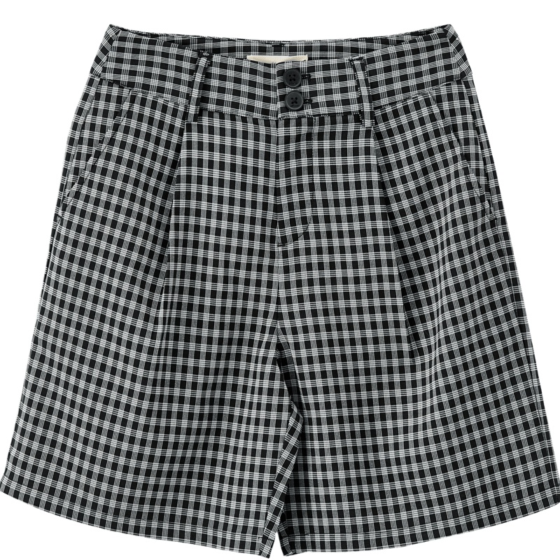 1茵曼2019夏装新款黑白格子中腰直筒休闲显瘦简约工装裤短裤女