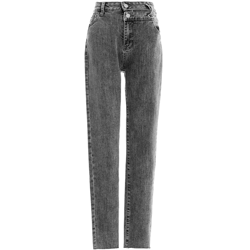 欧昵雪高腰修身显瘦毛边牛仔裤女九分紧身小脚铅笔裤