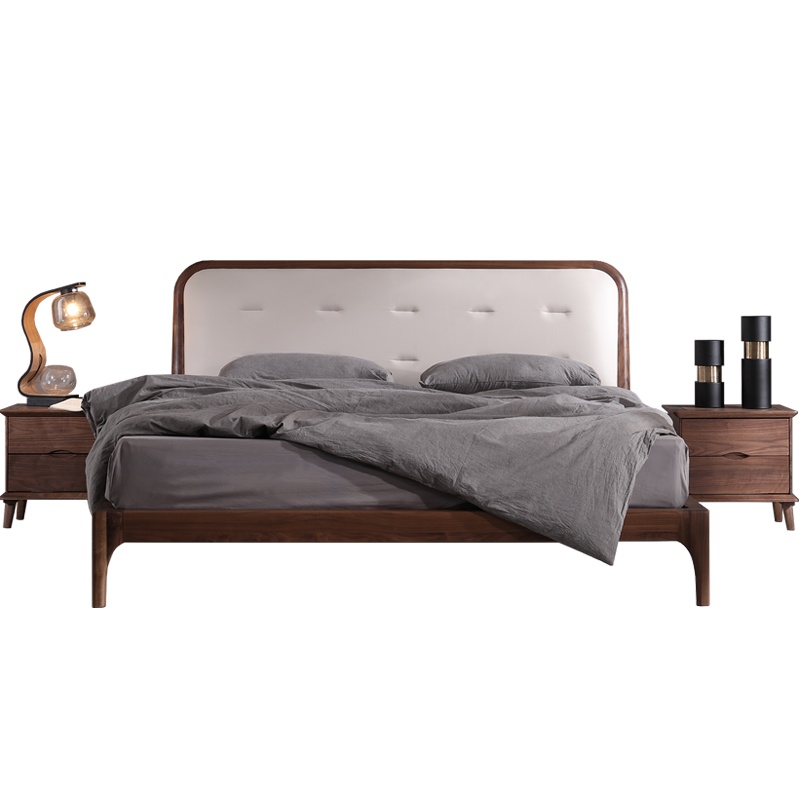 全简实木床黑胡桃木北欧风格实木床单双人真皮床新中式家具卧室双人床 1.8米宽