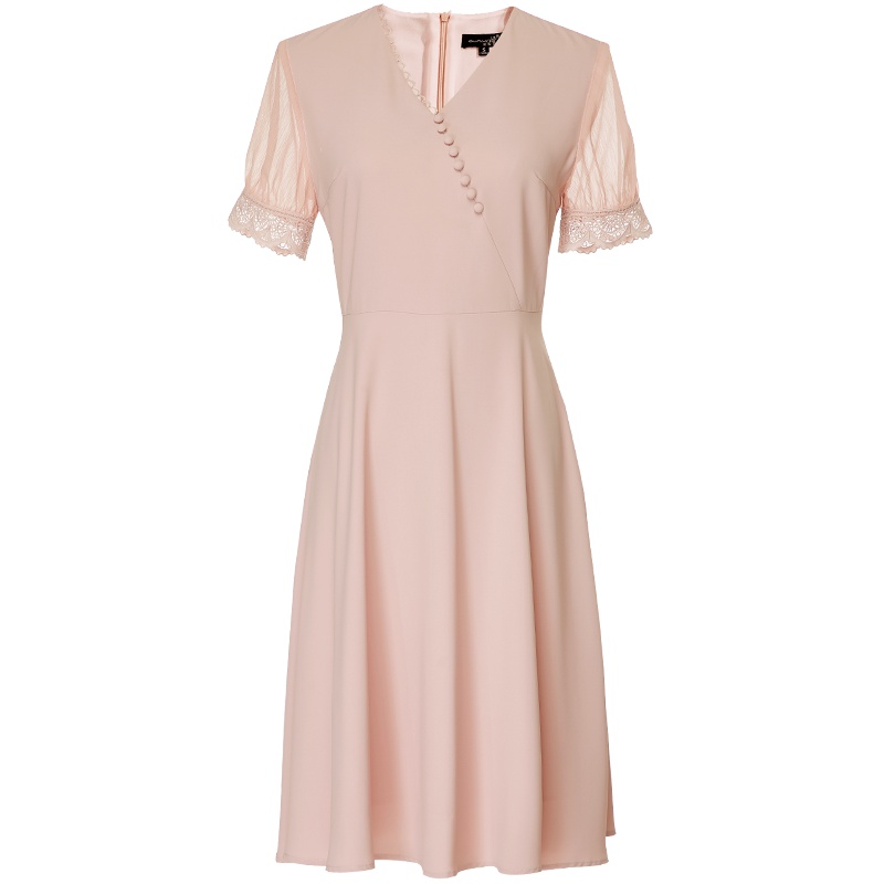 欧昵雪夏季蕾丝拼接短袖斜边V领气质高腰连衣裙女A字裙