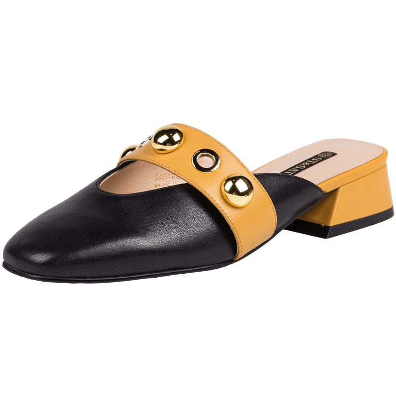 ST&SAT/星期六羊皮革铆钉装饰方头低跟方跟休闲拖鞋女SS91110277