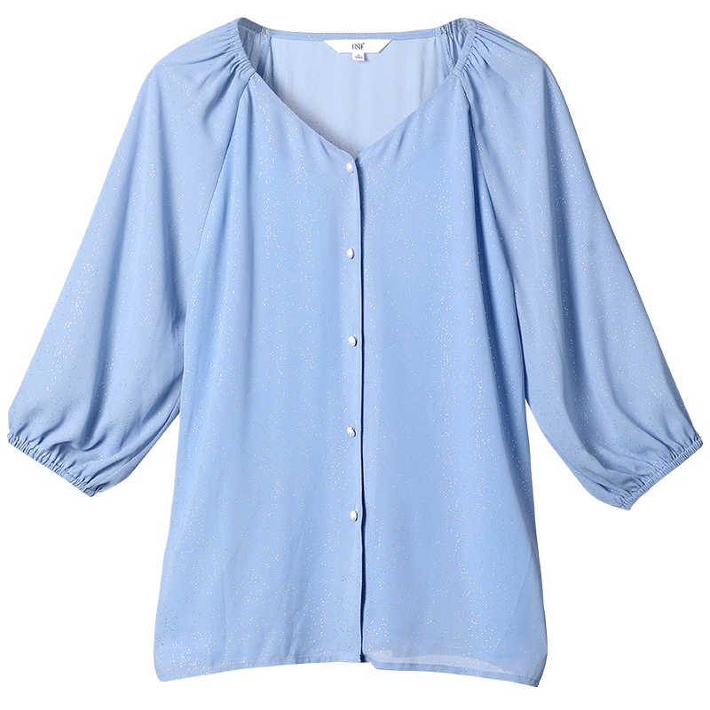 OSA欧莎2019夏装新款女装 简约V领单排扣撒银七分灯笼袖衬衫