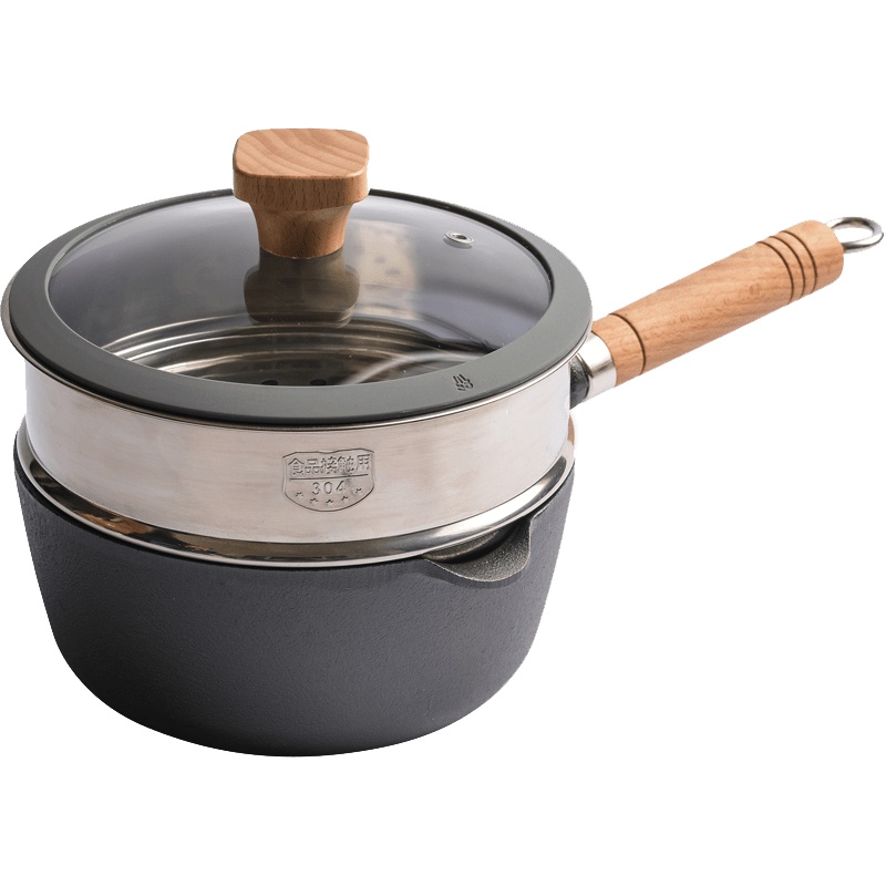 无涂层铸铁奶锅宝宝辅食汤锅烘焙精灵婴幼儿小锅热牛奶煮面炖炸锅_18cm木柄奶锅硅胶玻璃盖