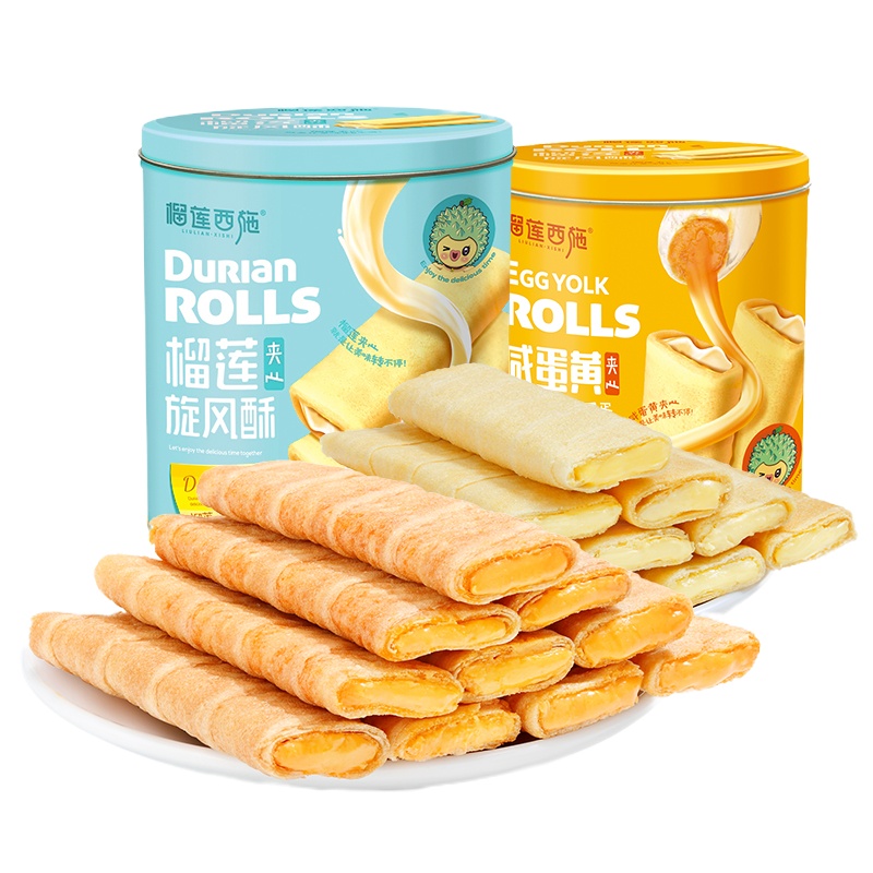 榴莲西施 咸蛋黄旋风酥338gx2罐 榴莲味咸蛋黄饼干夹心蛋卷 零食小吃凤凰卷心酥